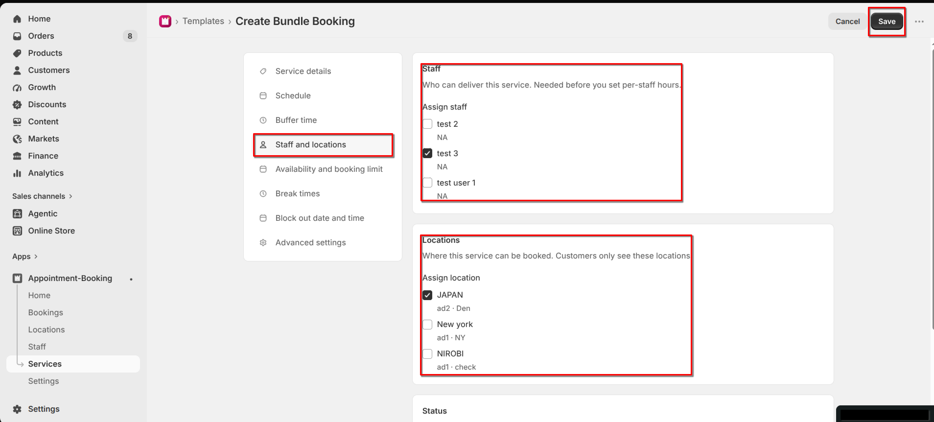Staff and locations tab with the Staff list, Locations list, and Save button all highlighted